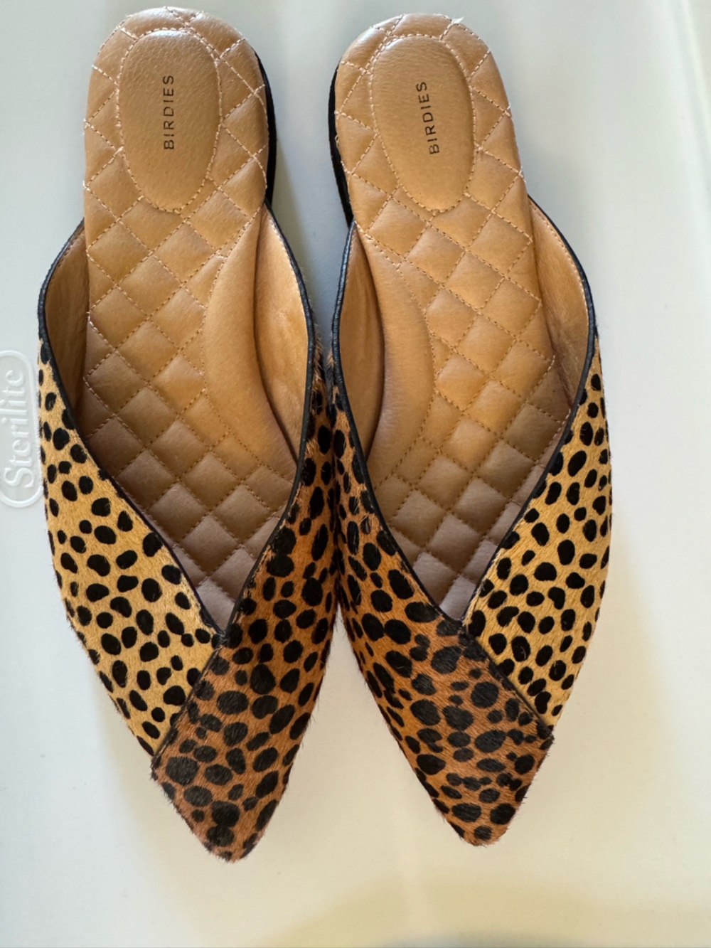 Birdies Leopard Print Pointed Toe Mules in Tan and Black